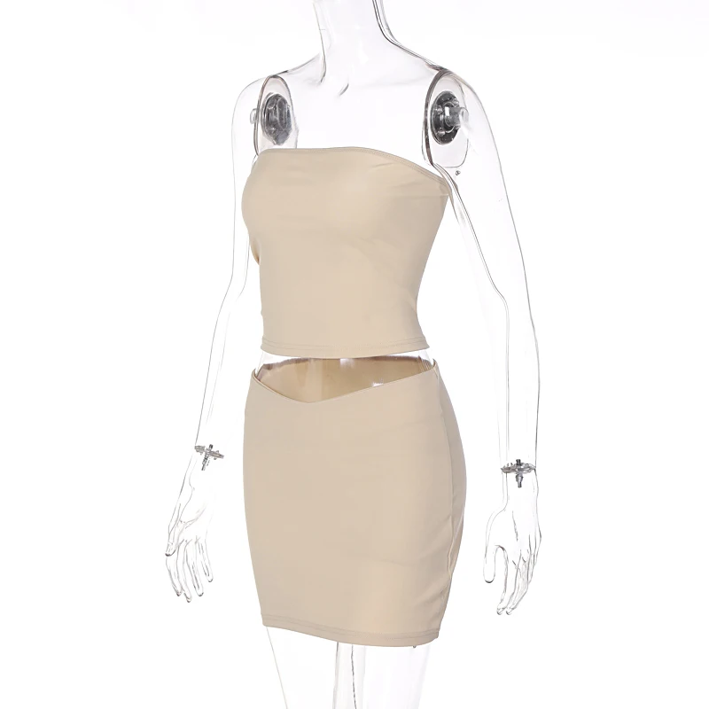 Hugcitar Solid Sleeveless Folds Tube Crop Top Skirts 2 Piece Matching Set Summer Fashion Streetwear Beach Clothing Drop Shipping