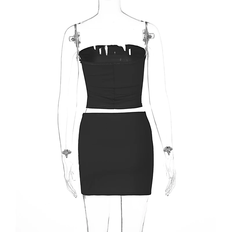 Hugcitar Solid Sleeveless Folds Tube Crop Top Skirts 2 Piece Matching Set Summer Fashion Streetwear Beach Clothing Drop Shipping