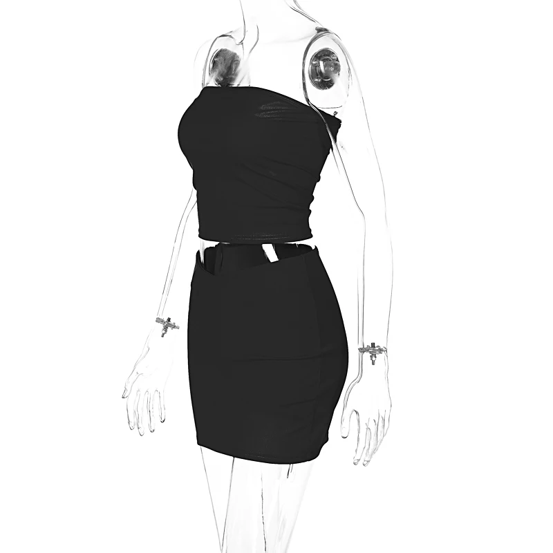 Hugcitar Solid Sleeveless Folds Tube Crop Top Skirts 2 Piece Matching Set Summer Fashion Streetwear Beach Clothing Drop Shipping