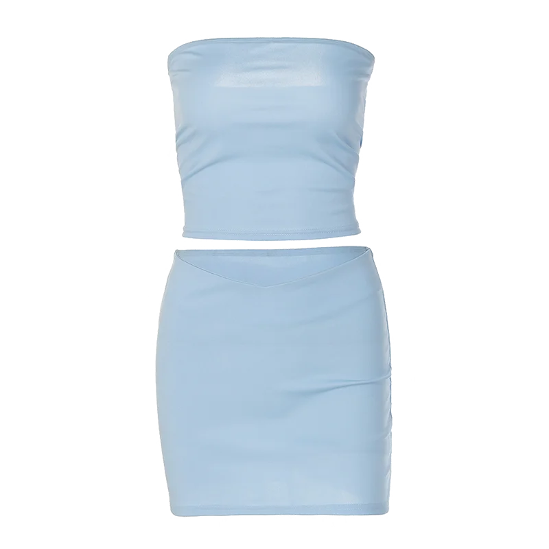 Hugcitar Solid Sleeveless Folds Tube Crop Top Skirts 2 Piece Matching Set Summer Fashion Streetwear Beach Clothing Drop Shipping