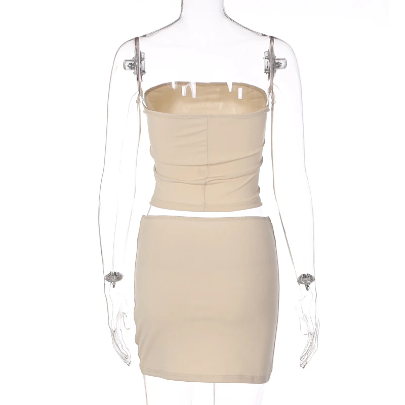 Hugcitar Solid Sleeveless Folds Tube Crop Top Skirts 2 Piece Matching Set Summer Fashion Streetwear Beach Clothing Drop Shipping