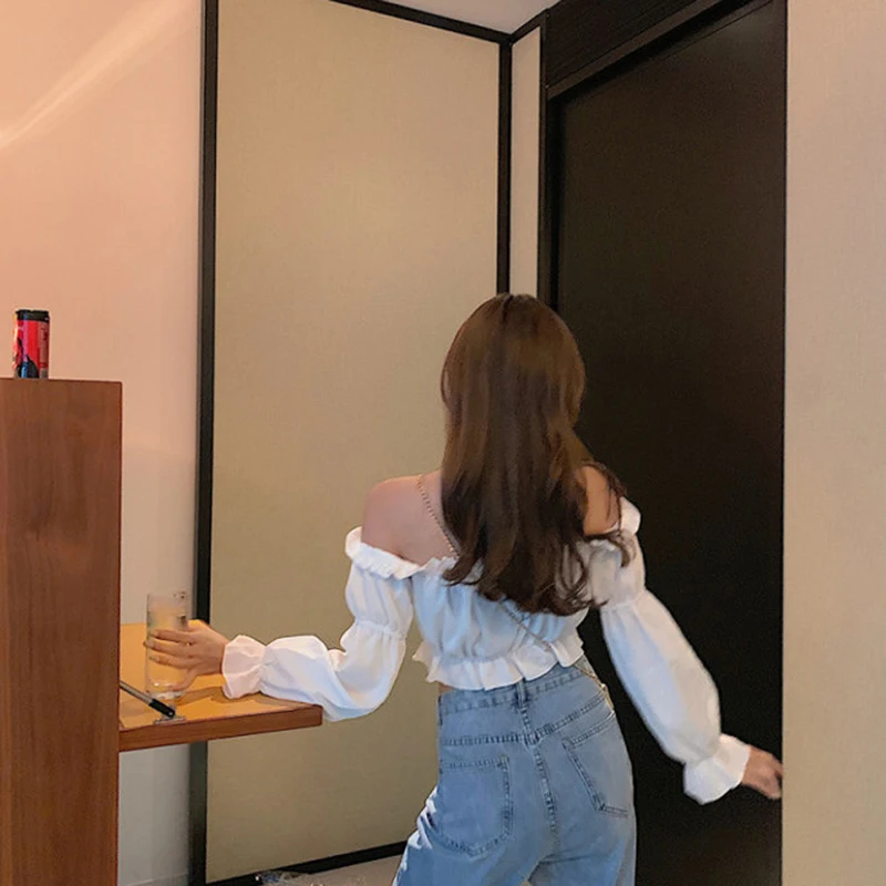 Women Top Sexy Blouse Off Shoulder Top Long Sleeve Solid Color White Shirt Puff Sleeve Ruffle Tunic Crop Top Summer Tube Top
