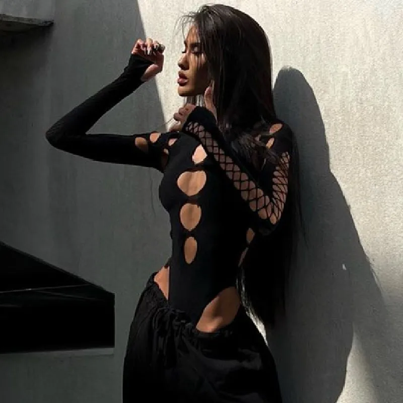Xeemilo Sexy Dot Hollow Out Bodysuit Y2K Gothic Punk Long Sleeves Bodycon T-shirt Women Autumn Streetwear Slim Bodice Bodysuits
