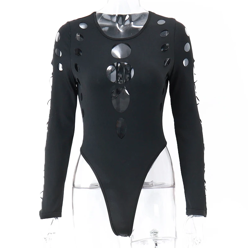 Xeemilo Sexy Dot Hollow Out Bodysuit Y2K Gothic Punk Long Sleeves Bodycon T-shirt Women Autumn Streetwear Slim Bodice Bodysuits