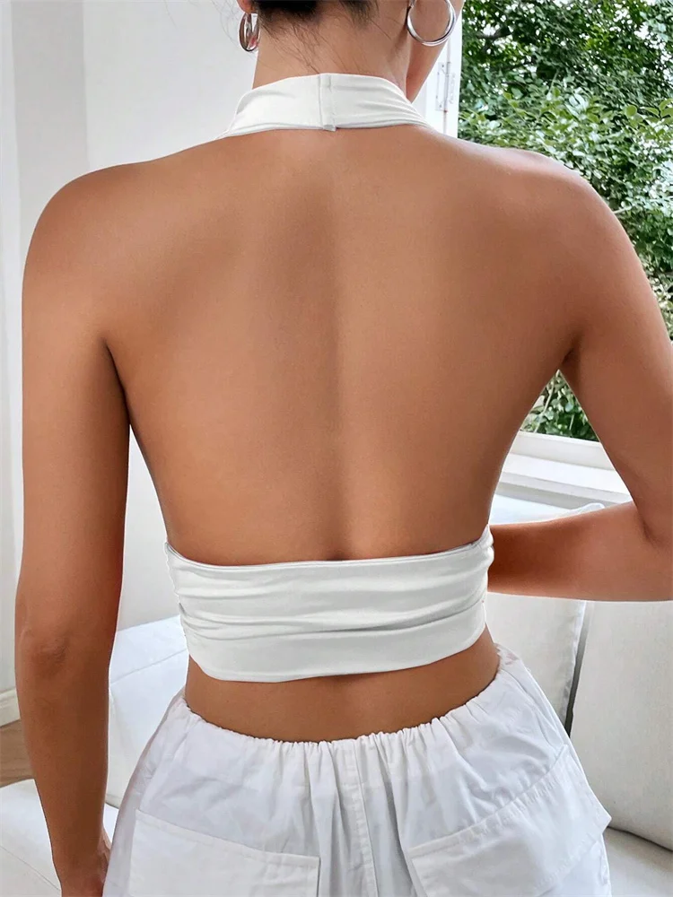 Sleeveless Backless Deep V-neck Halter Top Women Summer 2024 Club Party Sexy Solid Color Crop Tops Streetwear Y2K Clothes