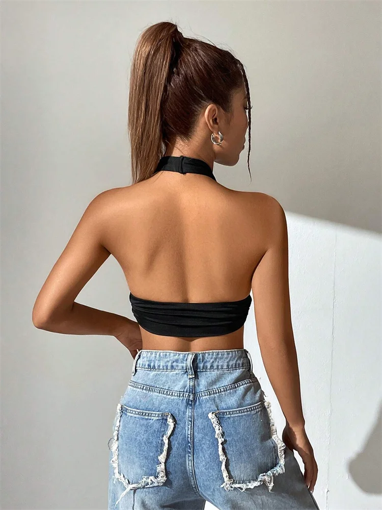 Sleeveless Backless Deep V-neck Halter Top Women Summer 2024 Club Party Sexy Solid Color Crop Tops Streetwear Y2K Clothes