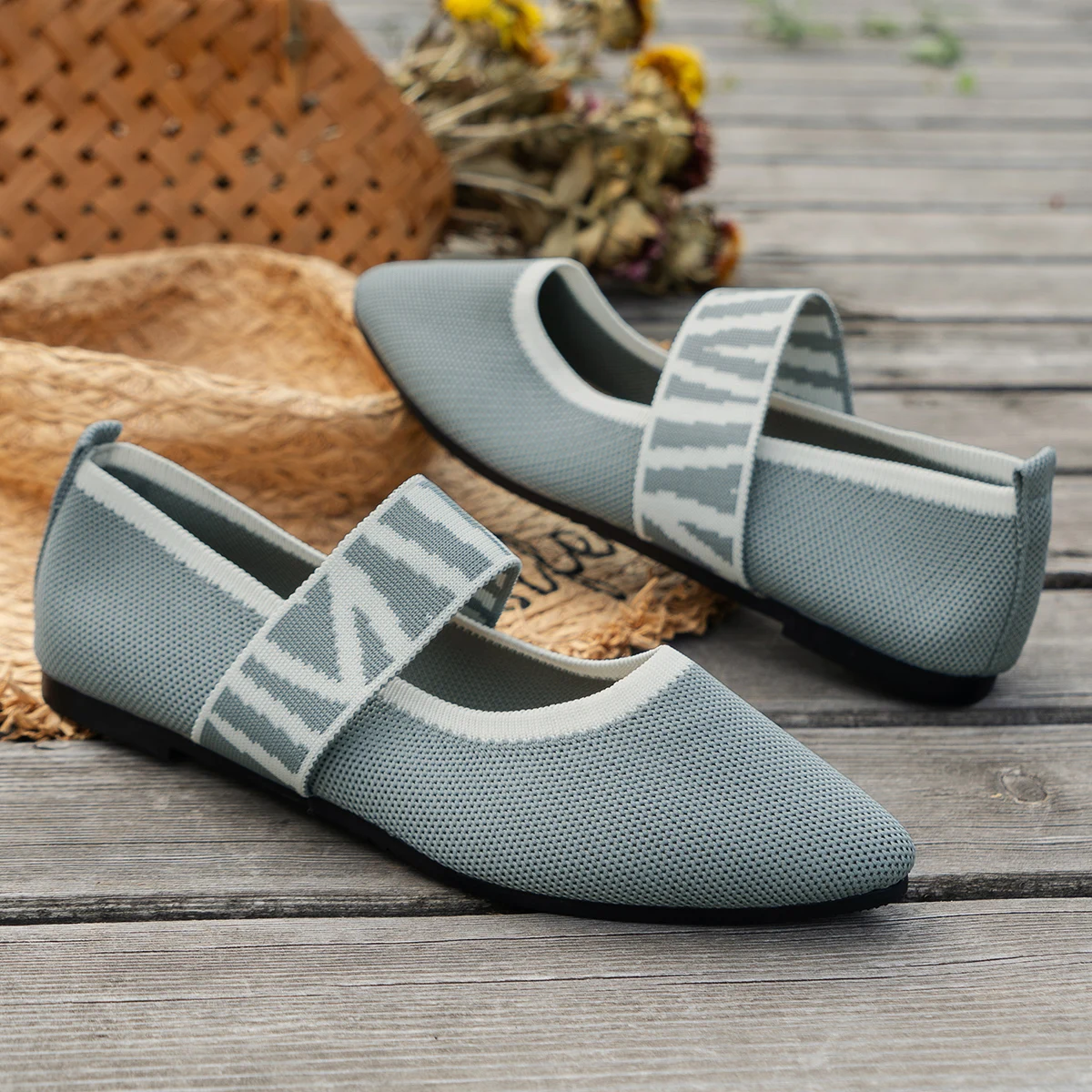 Knitted Color-block Women's Flat Shoes Dressy Ballet Flats Casual striped straps  Pointed Toe Loafers Female