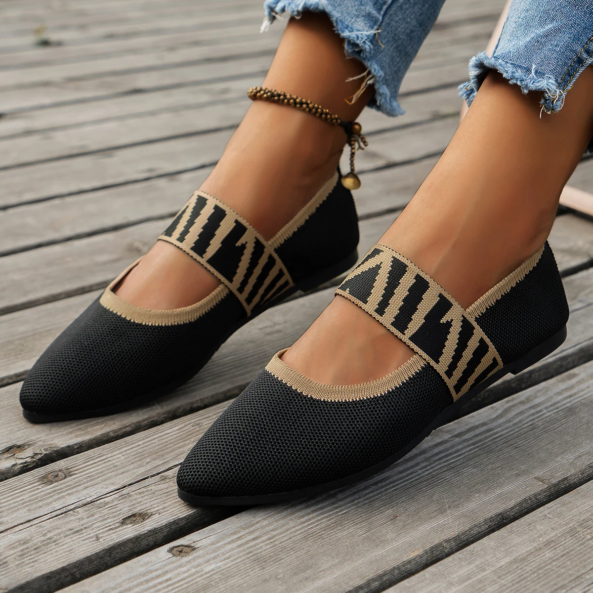 Knitted Color-block Women's Flat Shoes Dressy Ballet Flats Casual striped straps  Pointed Toe Loafers Female
