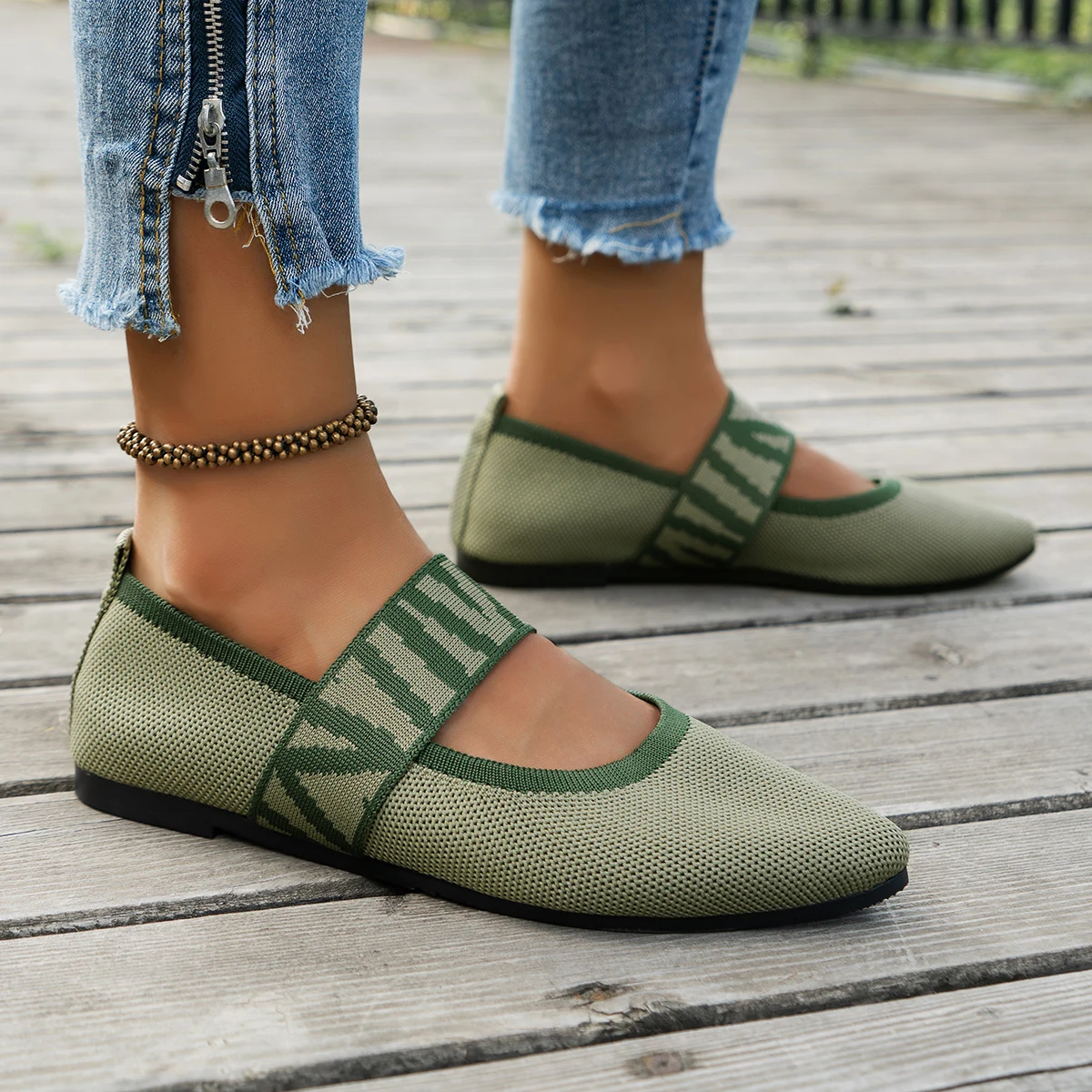 Knitted Color-block Women's Flat Shoes Dressy Ballet Flats Casual striped straps  Pointed Toe Loafers Female
