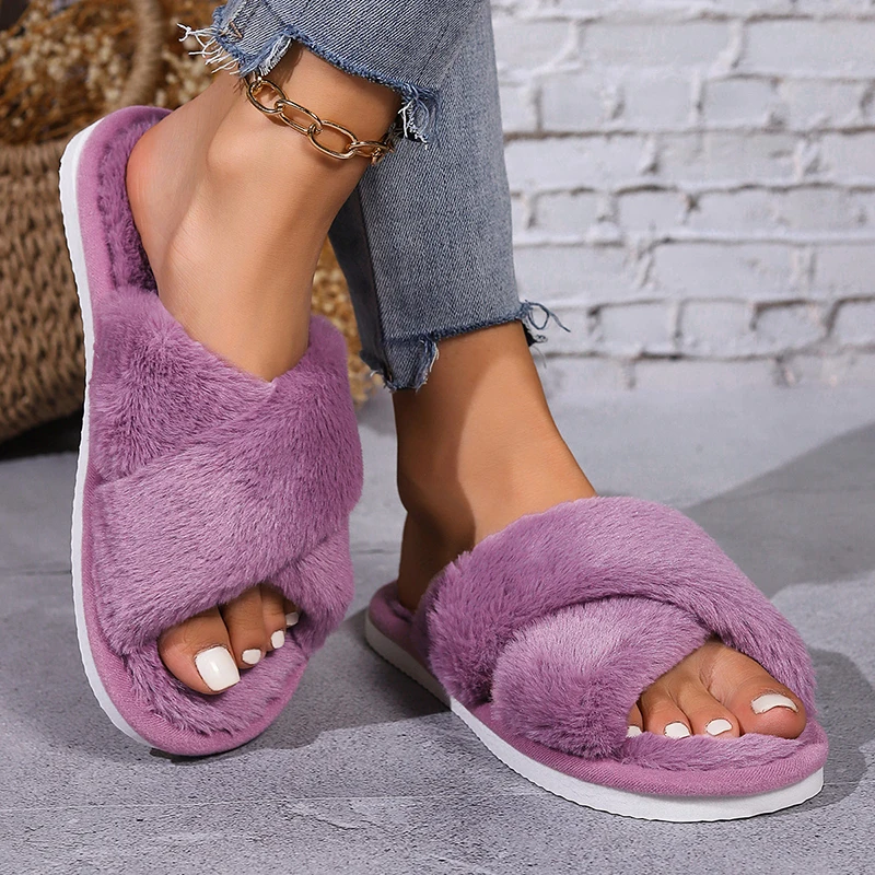 Cross Warm Fluffy Furry Slippers Women Lightweight Flat Heels Fur Slides Woman Autumn Winter Open Toe Non Slip Home Floor Shoes