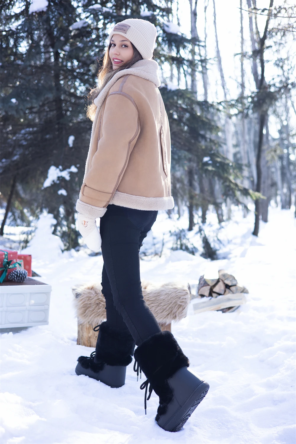 2024 Winter Fur Boots Snow Boots Women Fluffy Fuzzy Furry Faux Fur Boots Middle Calf Platform Pink Black White Furry Boots