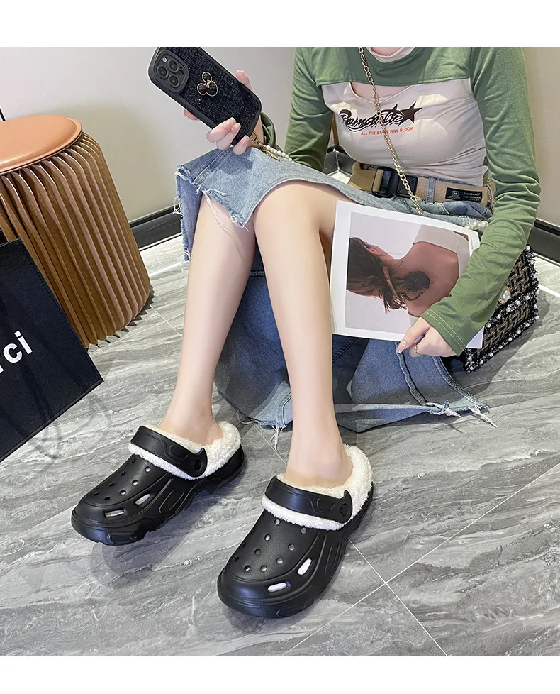 Plush slippers 2024 new winter men's and women's thick high heels soft-soled beach garden shoes home plush ripped slippers