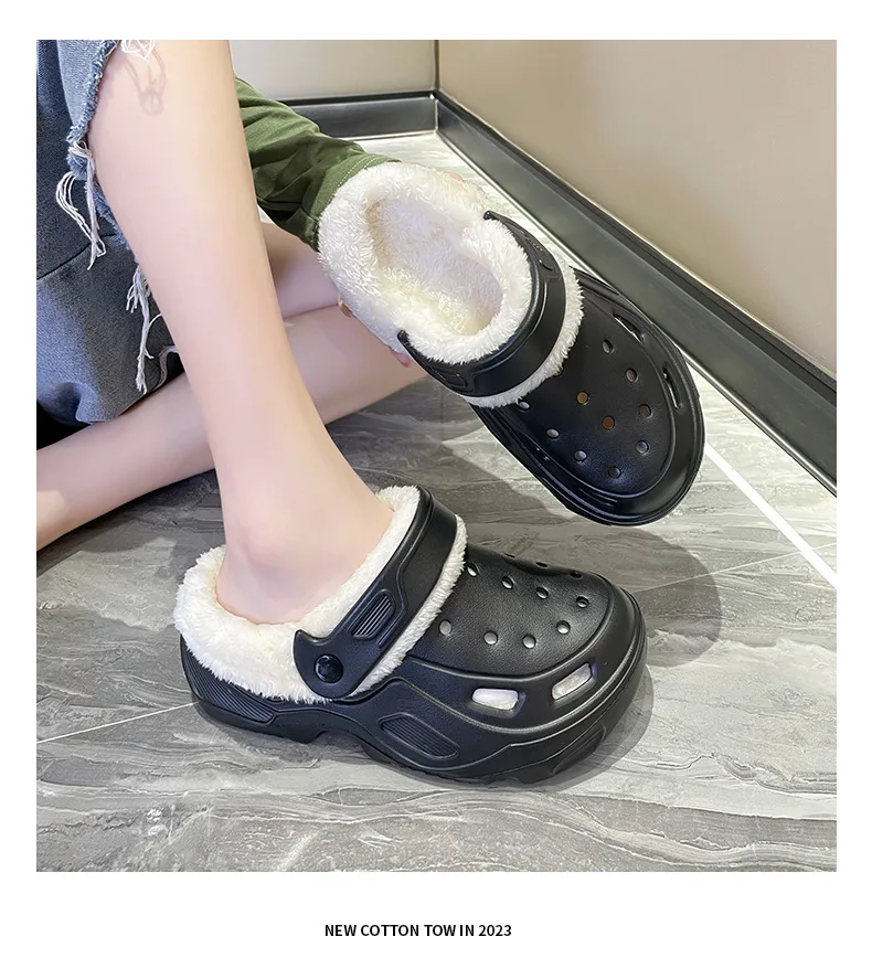 Plush slippers 2024 new winter men's and women's thick high heels soft-soled beach garden shoes home plush ripped slippers