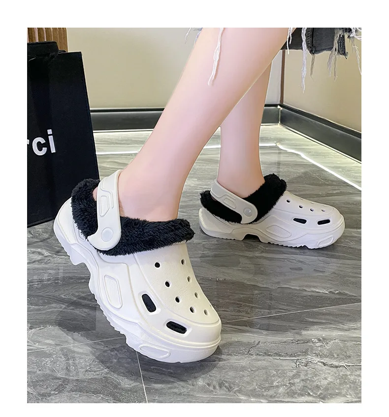 Plush slippers 2024 new winter men's and women's thick high heels soft-soled beach garden shoes home plush ripped slippers
