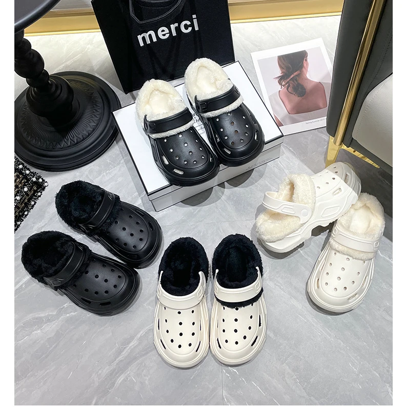 Plush slippers 2024 new winter men's and women's thick high heels soft-soled beach garden shoes home plush ripped slippers