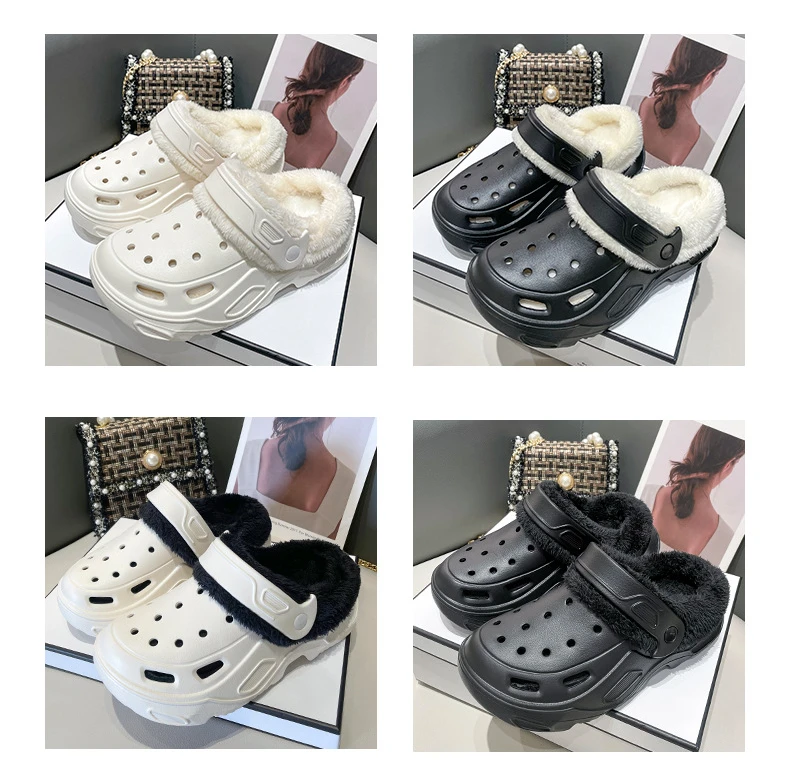 Plush slippers 2024 new winter men's and women's thick high heels soft-soled beach garden shoes home plush ripped slippers