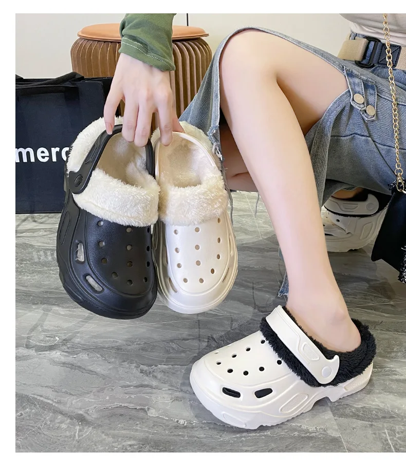 Plush slippers 2024 new winter men's and women's thick high heels soft-soled beach garden shoes home plush ripped slippers