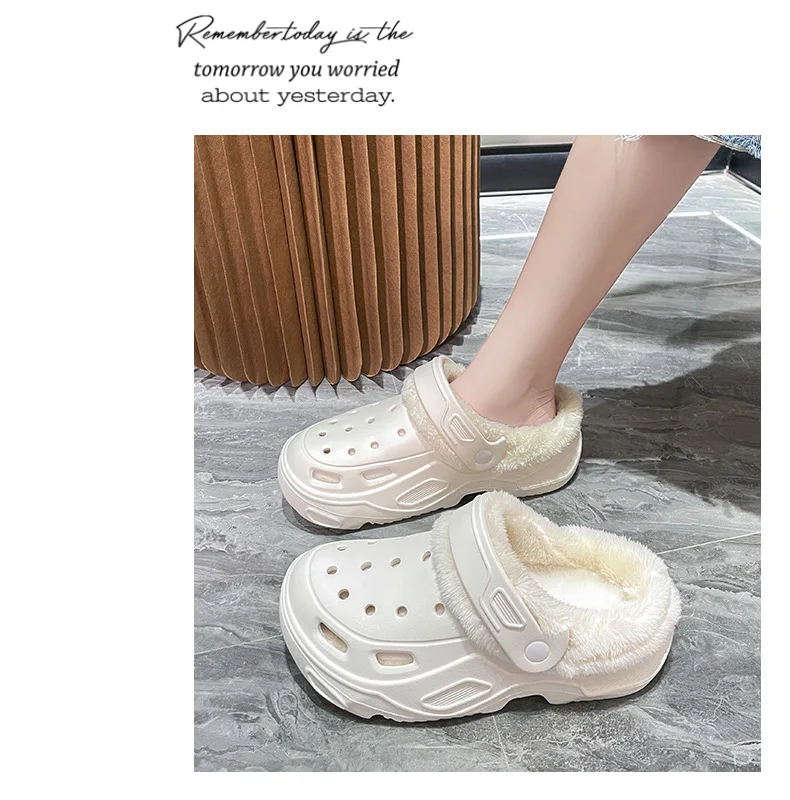 Plush slippers 2024 new winter men's and women's thick high heels soft-soled beach garden shoes home plush ripped slippers