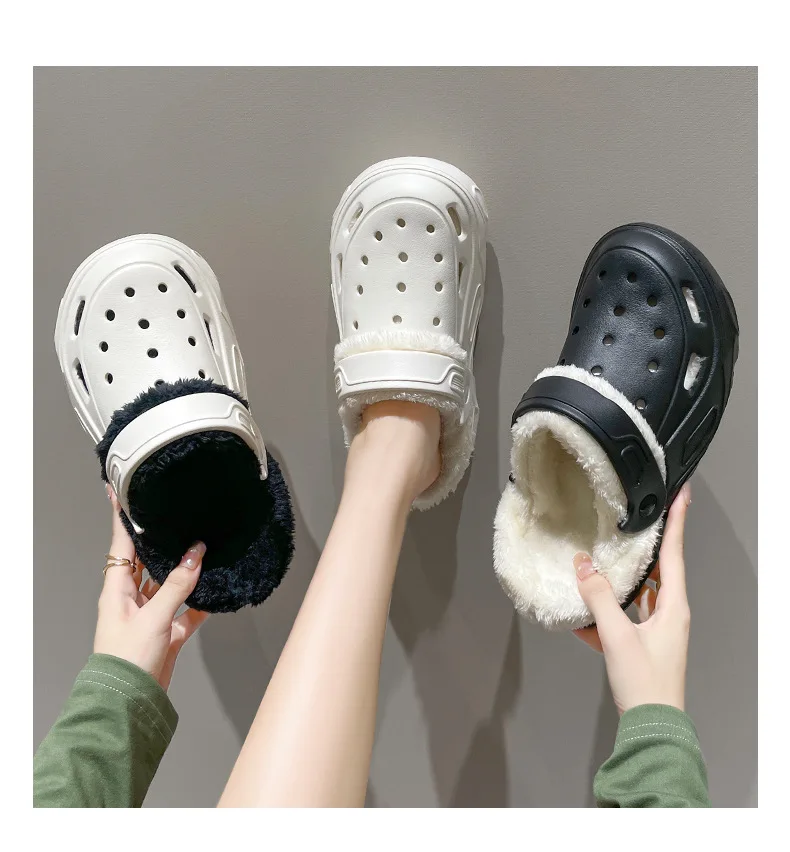 Plush slippers 2024 new winter men's and women's thick high heels soft-soled beach garden shoes home plush ripped slippers