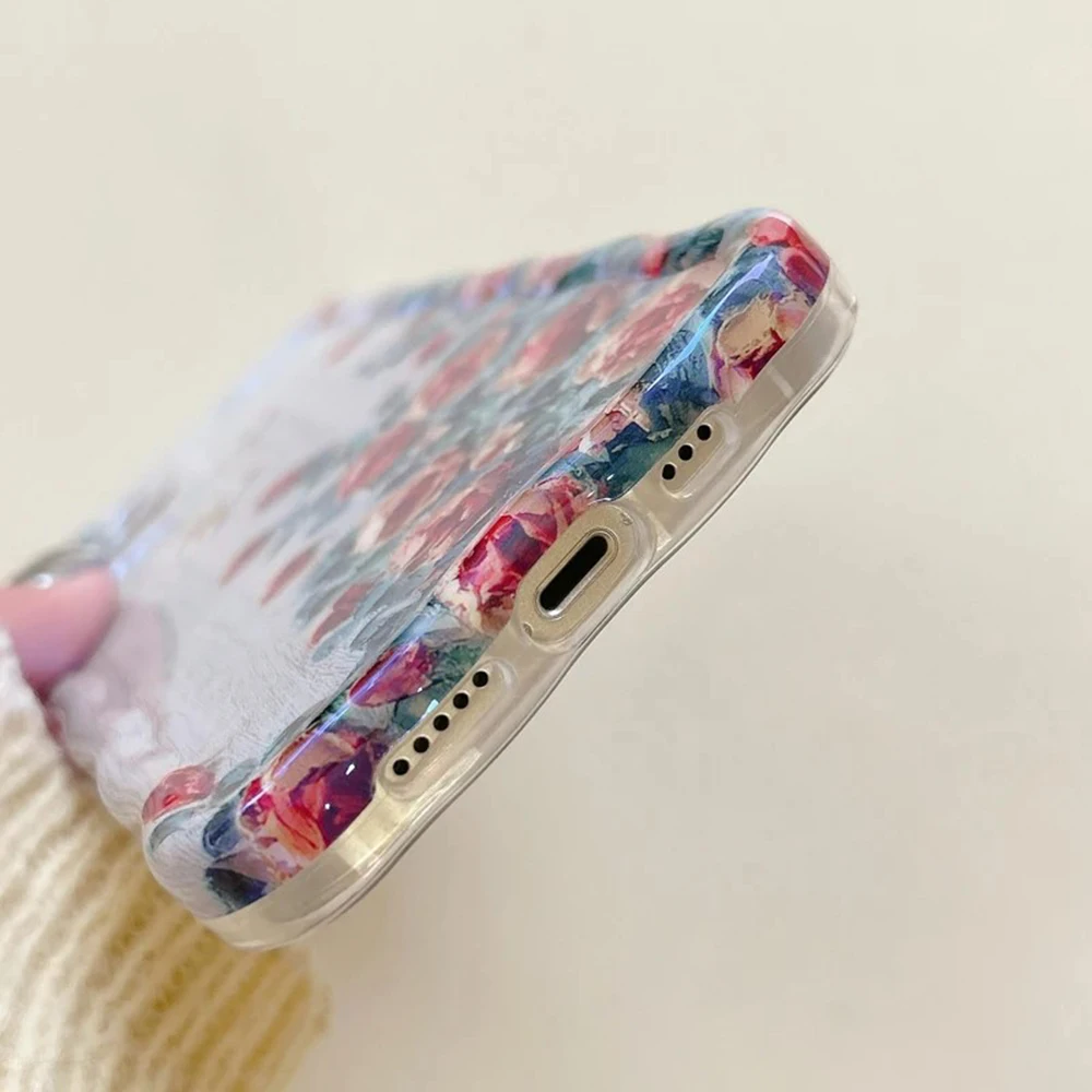 Retro Oil Painting Phone Case For iPhone 13 14 15 16 ProMax 12 11 Luxury Flower Print Shockproof Silicone Cover Artistic Decor