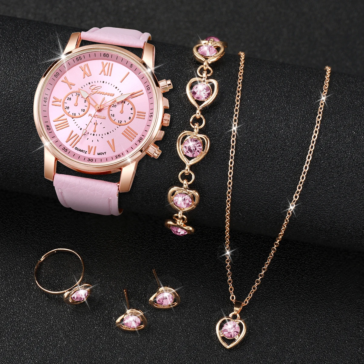 5/6PCS Fashion Women's Quartz Watch Leather Band Analog Wrist Watches Heart Rhinestone Jewelry Set(Without Box) 5/6PCS Fashion Women's Quartz Watch Leather Band Analog Wrist Watches Heart Rhinestone Jewelry Set(Without Box)