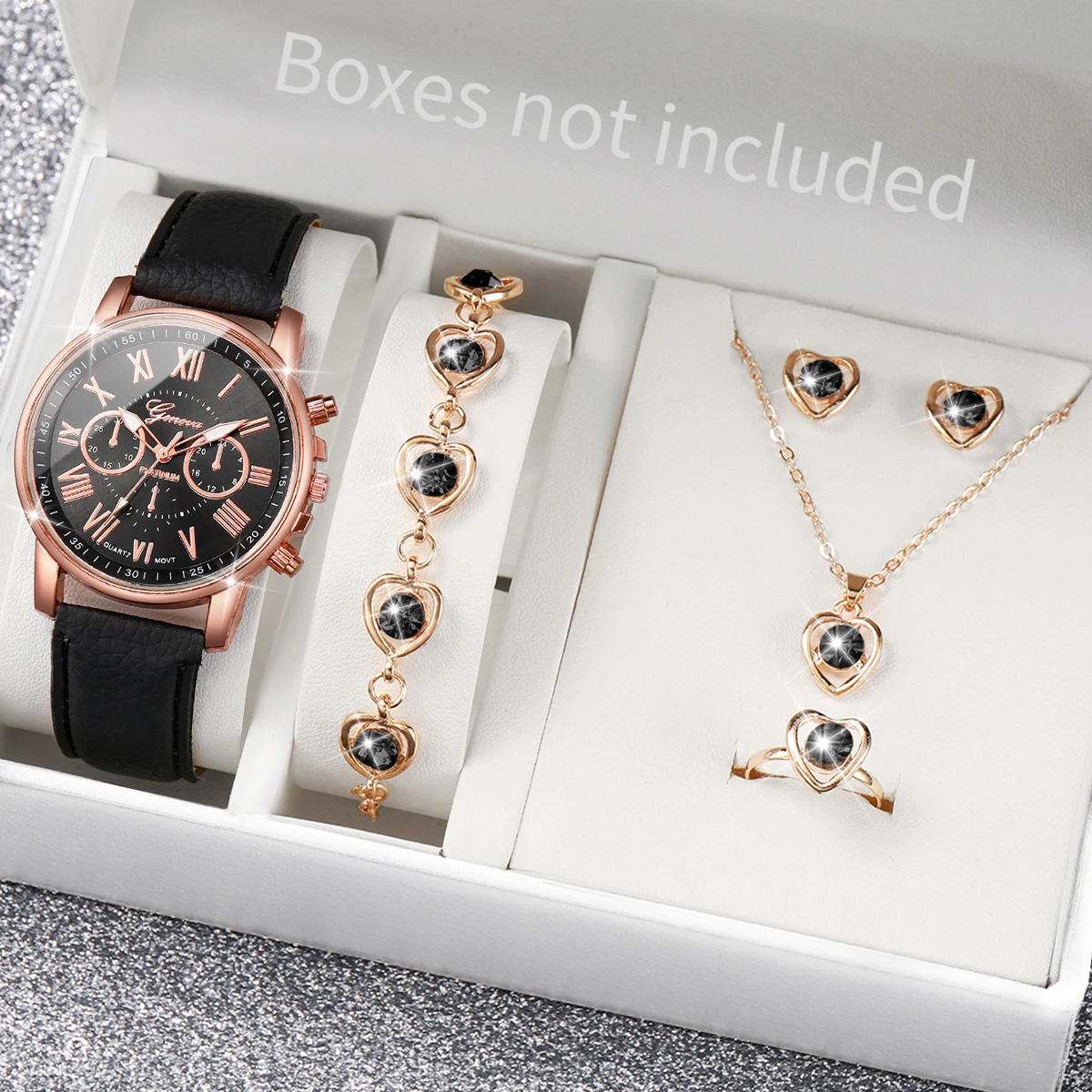 5/6PCS Fashion Women's Quartz Watch Leather Band Analog Wrist Watches Heart Rhinestone Jewelry Set(Without Box) 5/6PCS Fashion Women's Quartz Watch Leather Band Analog Wrist Watches Heart Rhinestone Jewelry Set(Without Box)