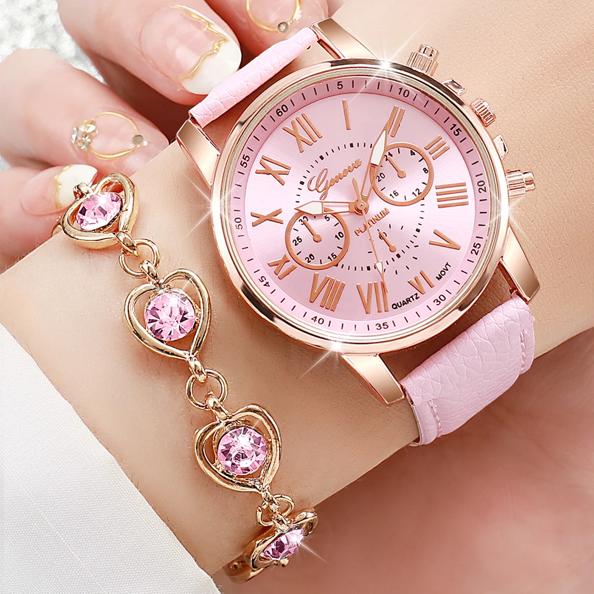 5/6PCS Fashion Women's Quartz Watch Leather Band Analog Wrist Watches Heart Rhinestone Jewelry Set(Without Box) 5/6PCS Fashion Women's Quartz Watch Leather Band Analog Wrist Watches Heart Rhinestone Jewelry Set(Without Box)