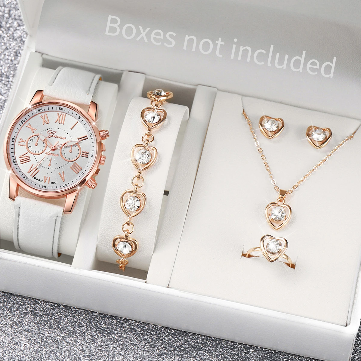 5/6PCS Fashion Women's Quartz Watch Leather Band Analog Wrist Watches Heart Rhinestone Jewelry Set(Without Box) 5/6PCS Fashion Women's Quartz Watch Leather Band Analog Wrist Watches Heart Rhinestone Jewelry Set(Without Box)