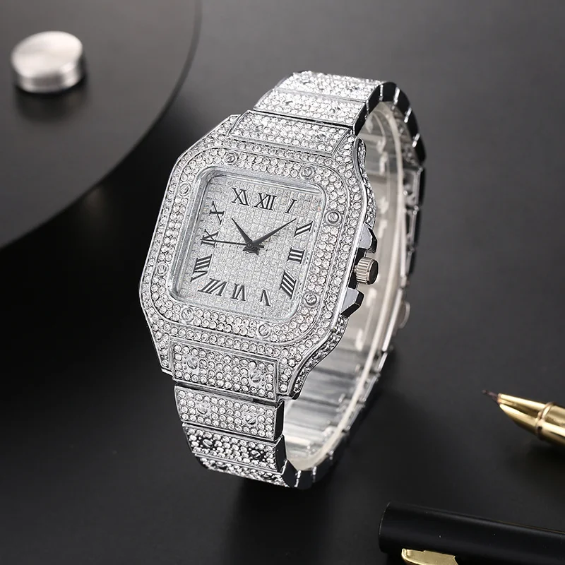 Luxury Classic Business Men's Steel Strap Square Roman Scale Rhinestone Quartz Watch Fashion Male Wristwatch Relogio Masculino