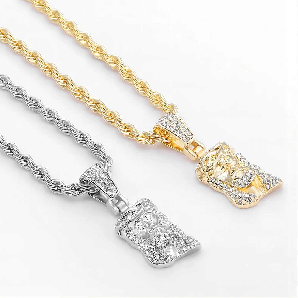 Jesus Christ Piece Head Face Pendant For Men Iced Out Shining Crystal Charm Necklace With Chain Hip Hop Jewelry