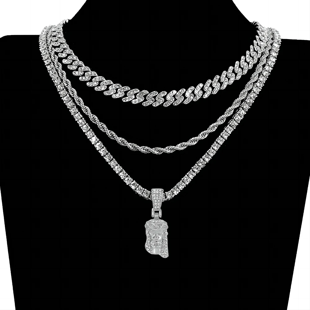 Jesus Christ Piece Head Face Pendant For Men Iced Out Shining Crystal Charm Necklace With Chain Hip Hop Jewelry