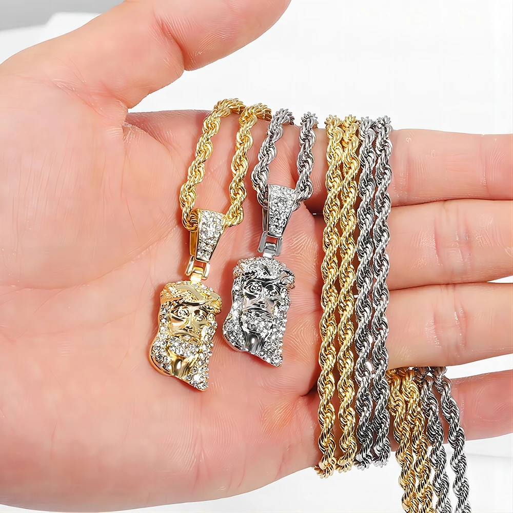 Jesus Christ Piece Head Face Pendant For Men Iced Out Shining Crystal Charm Necklace With Chain Hip Hop Jewelry