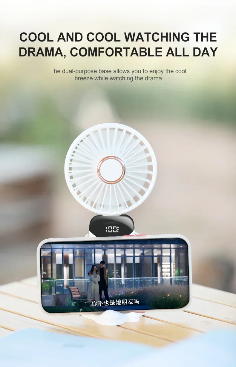 Handheld Mini Fan Foldable Portable Neck Hanging Fans 5 Speed USB Rechargeable Fan with Phone Stand and Display Screen 1800mAh