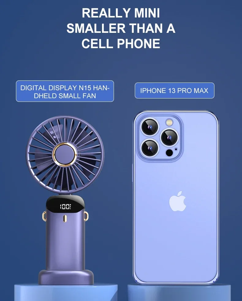 Handheld Mini Fan Foldable Portable Neck Hanging Fans 5 Speed USB Rechargeable Fan with Phone Stand and Display Screen 1800mAh
