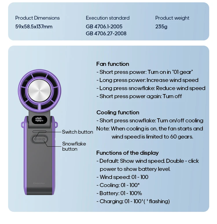 KINSCOTER Outdoor Foldable Portable Handheld Fan Mini Cooling Rechargeable 3600mAh 100-level Free Control High Speed Turbo Fan