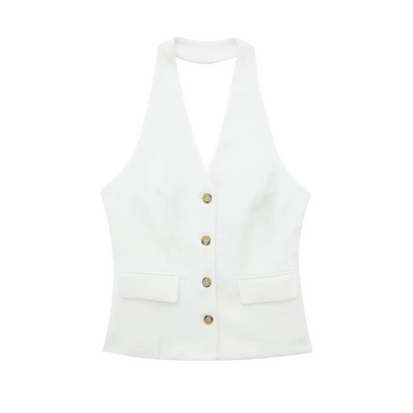 TRAFZA Women 2 Piece Set Halter Neck Single-Breasted Pocket Sleeveless Halter Vest Tops+High Waist Zipper Pockets Wide Leg Pant