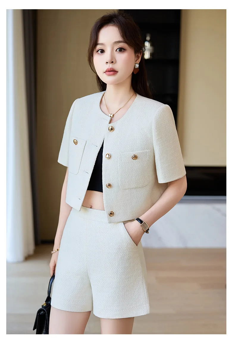 Luxury Blazer White Small Fragrance Short Sleeve Jacket Women's Summer Loose Thin Versatile Top Shorts Professional Black Suits