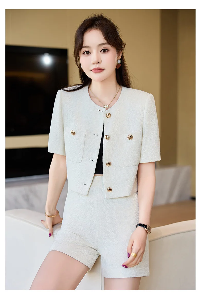 Luxury Blazer White Small Fragrance Short Sleeve Jacket Women's Summer Loose Thin Versatile Top Shorts Professional Black Suits
