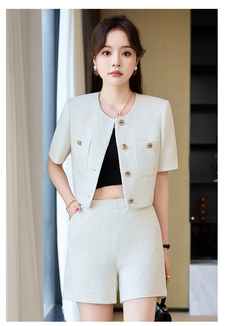 Luxury Blazer White Small Fragrance Short Sleeve Jacket Women's Summer Loose Thin Versatile Top Shorts Professional Black Suits