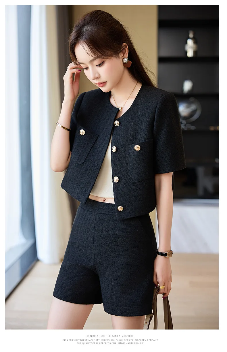 Luxury Blazer White Small Fragrance Short Sleeve Jacket Women's Summer Loose Thin Versatile Top Shorts Professional Black Suits