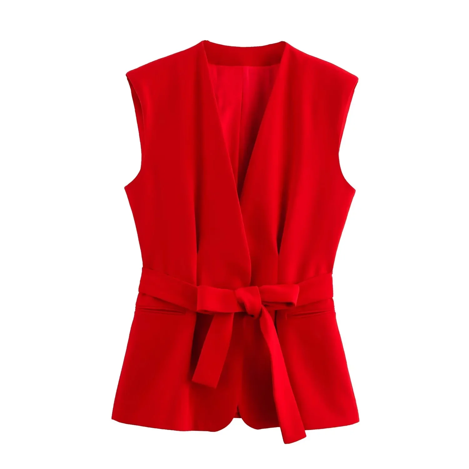 TRAFZA Office Lady Chic Red Vest Blazer Suits V Neck Sashes Sleeveless Blazer High Waist Wide Leg Pants Fashion 2025 Summer Sets