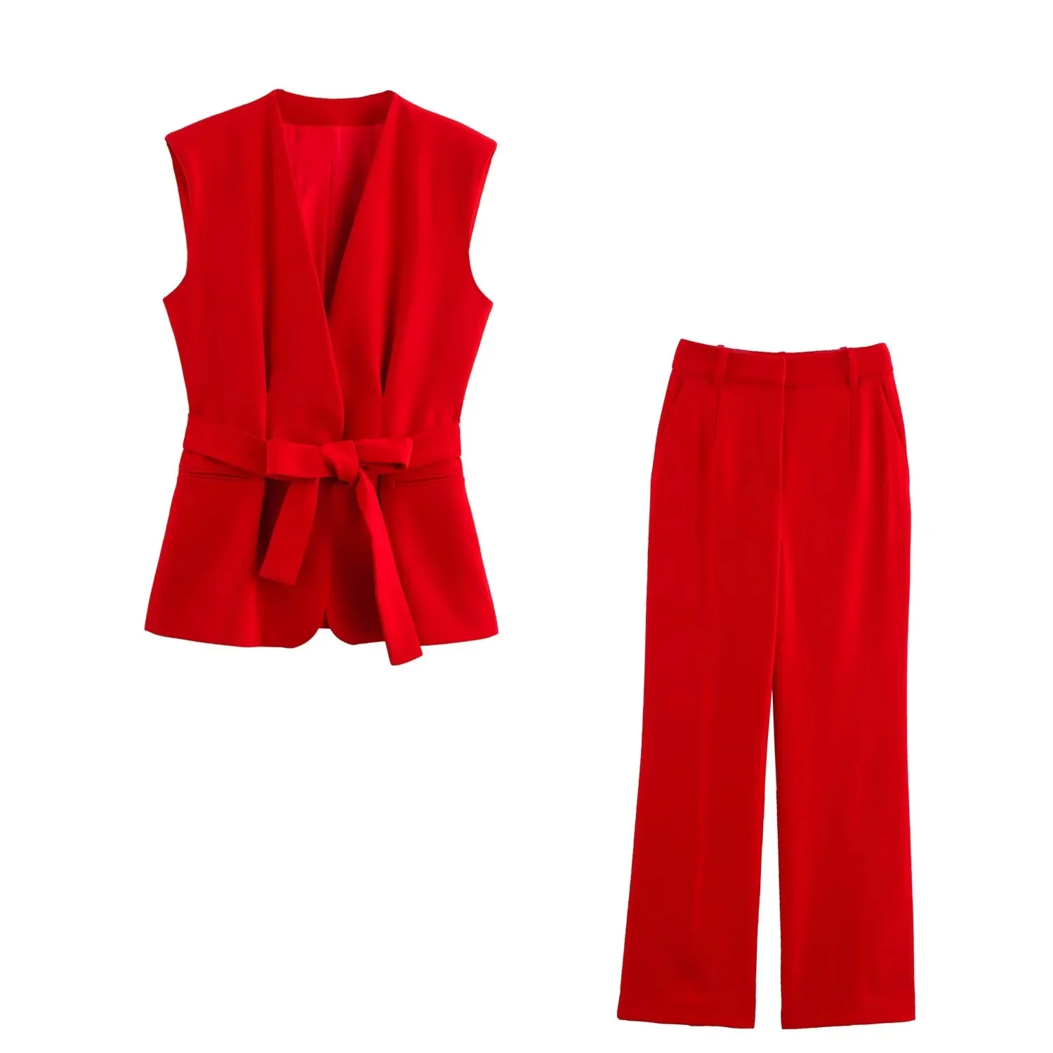 TRAFZA Office Lady Chic Red Vest Blazer Suits V Neck Sashes Sleeveless Blazer High Waist Wide Leg Pants Fashion 2025 Summer Sets