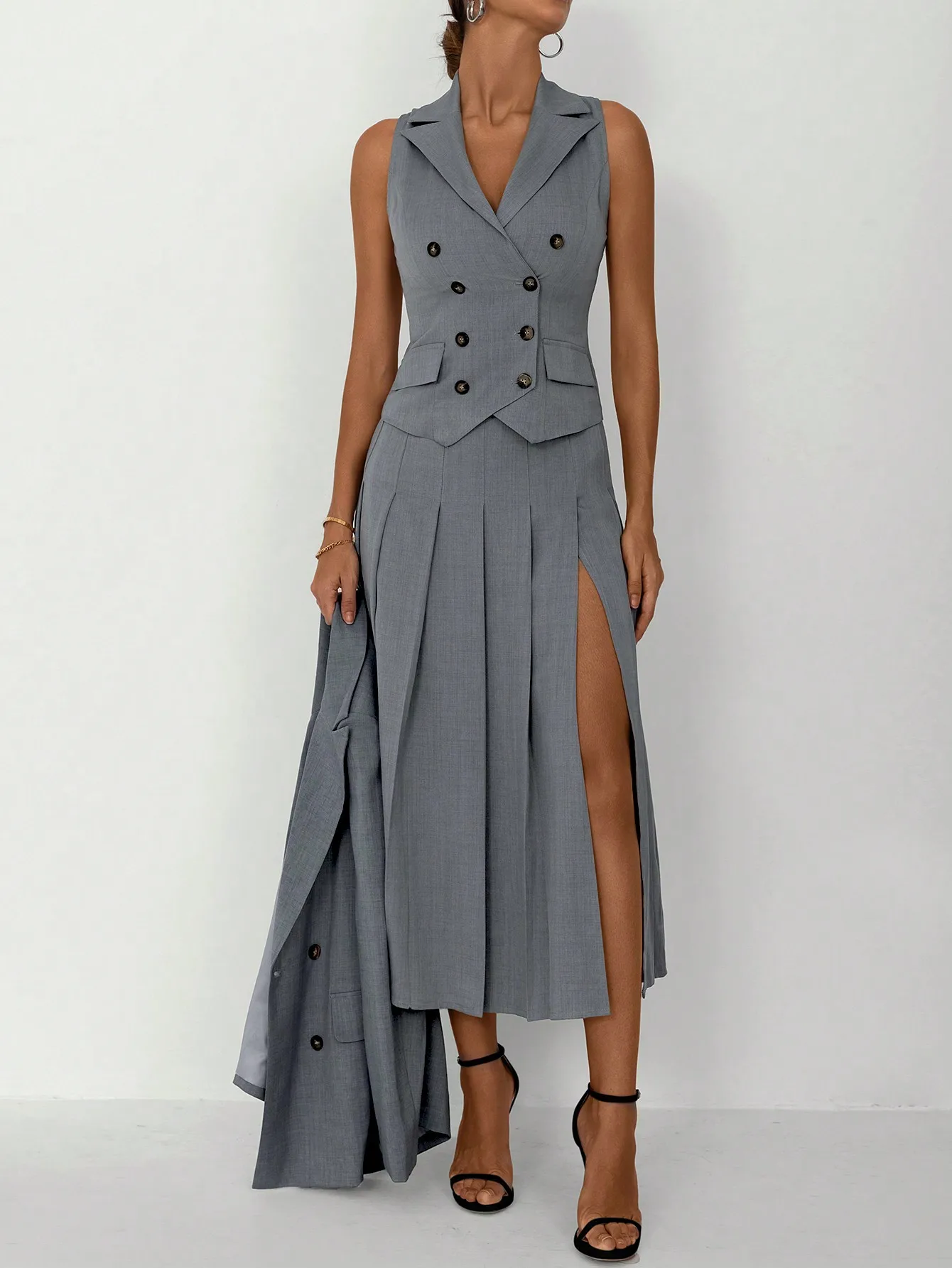 3pcs Women Elegant Work Casual Business Suit Set: Fitted Vest for Spring/Summer, Pleated Midi Skirt, Suitable for Office Lady