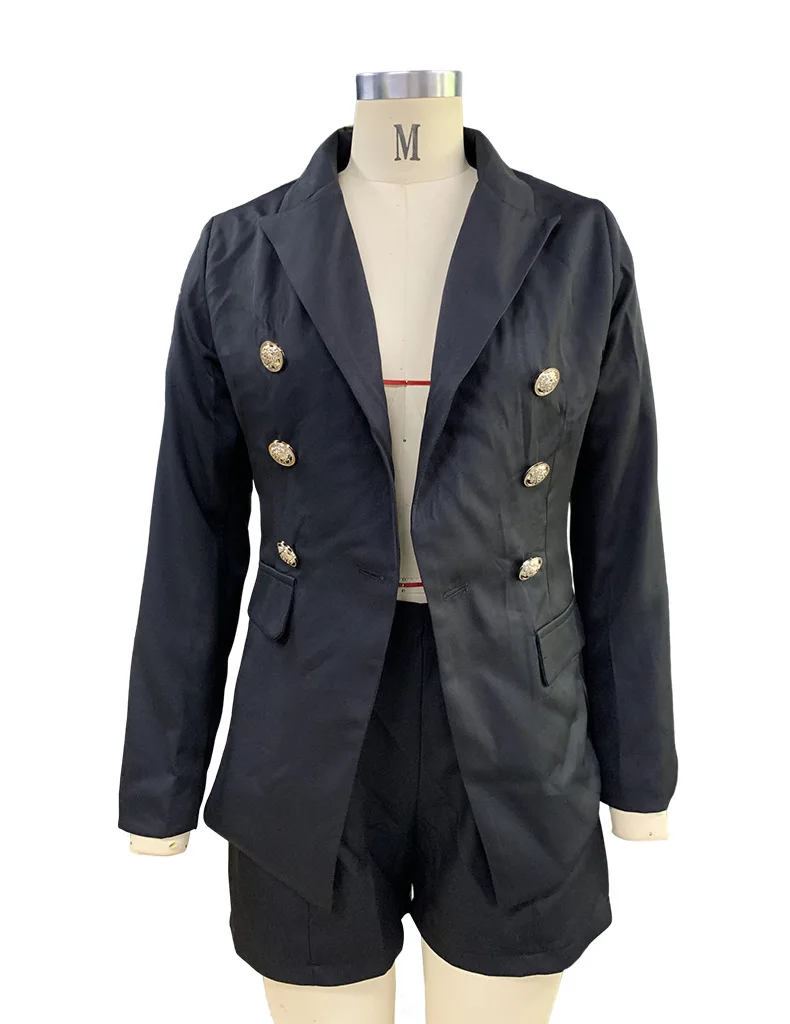 BAMBOOBOY Office Lady Women Blazer Suits Long Sleeve Turn-Down Neck Blazer+ Shorts Summer Street Wear 2 Pieces Sets with Button