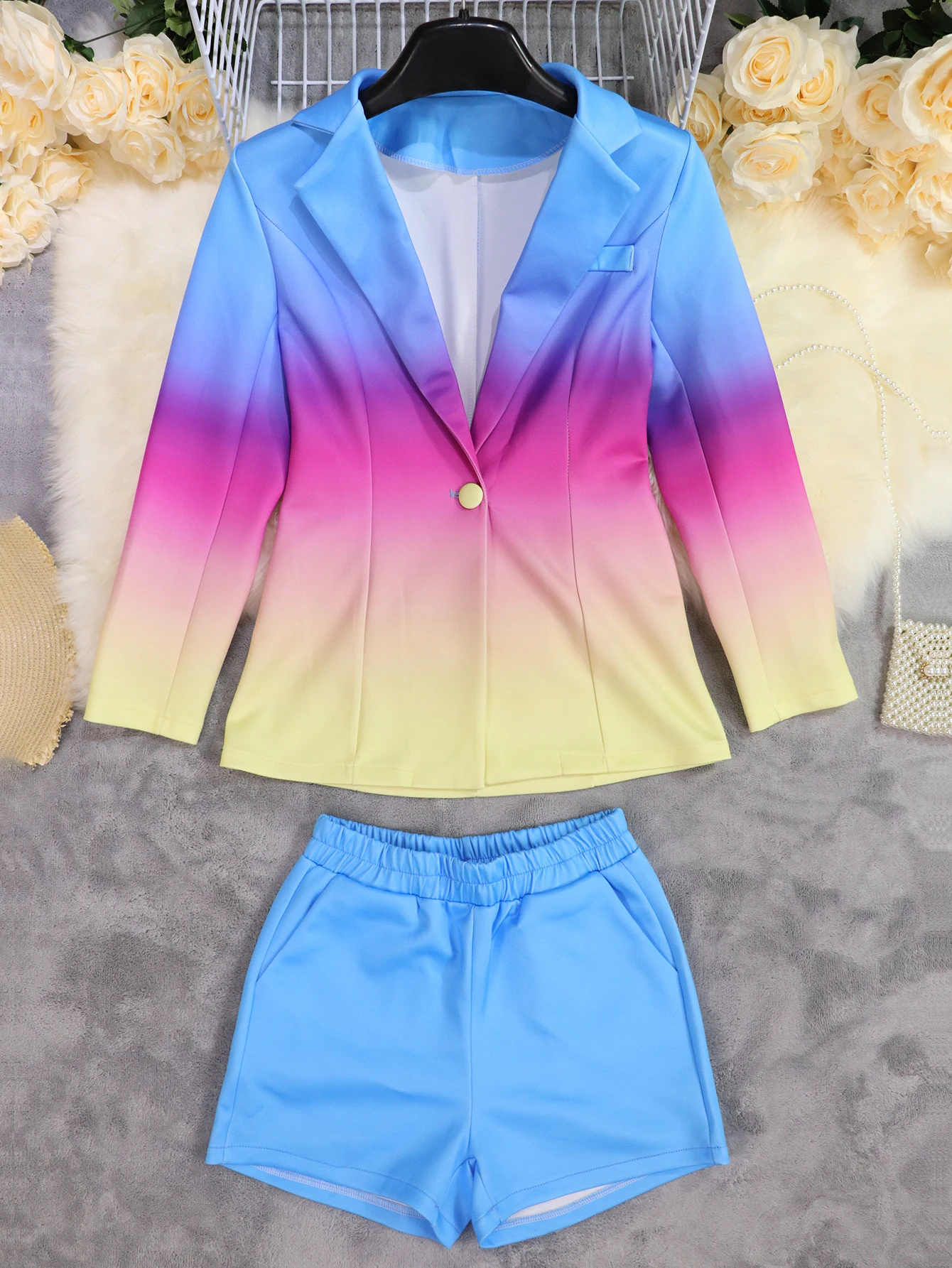 Single Button Long Sleeve Blazers with Short Pants Set Blazer Shorts Suit Lady Fashion Outfit Daily Street Two Pieces Sets