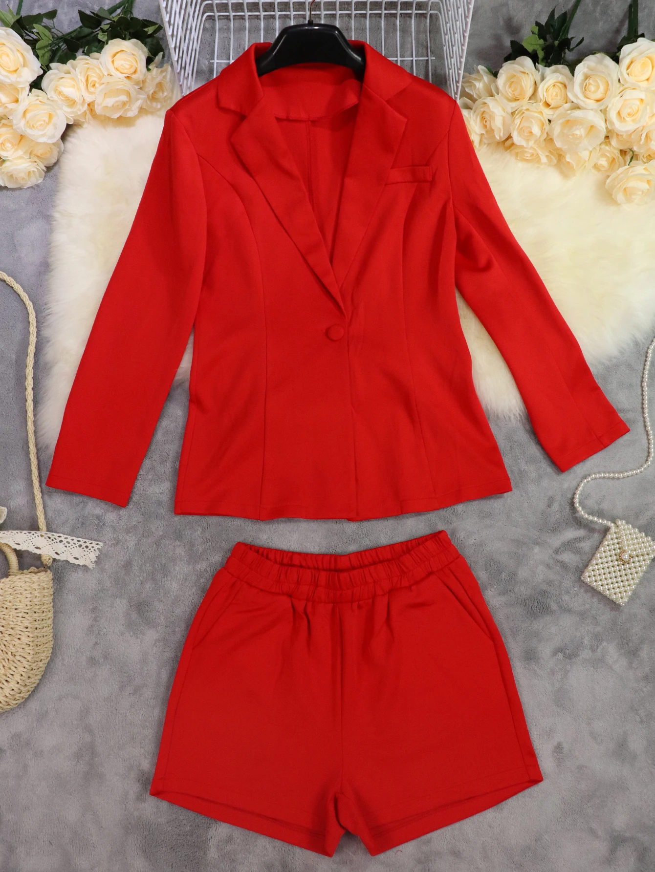 Single Button Long Sleeve Blazers with Short Pants Set Blazer Shorts Suit Lady Fashion Outfit Daily Street Two Pieces Sets