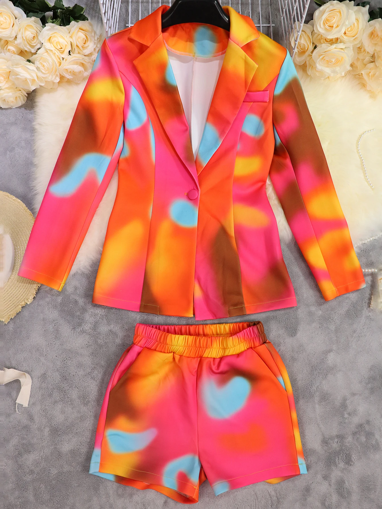 Single Button Long Sleeve Blazers with Short Pants Set Blazer Shorts Suit Lady Fashion Outfit Daily Street Two Pieces Sets