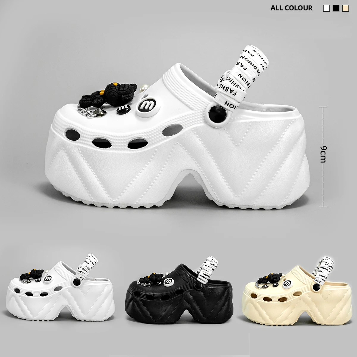 New Fashionable Black and White Strappy Bear High Heeled Imitation Leather Pattern Clogs X8809
