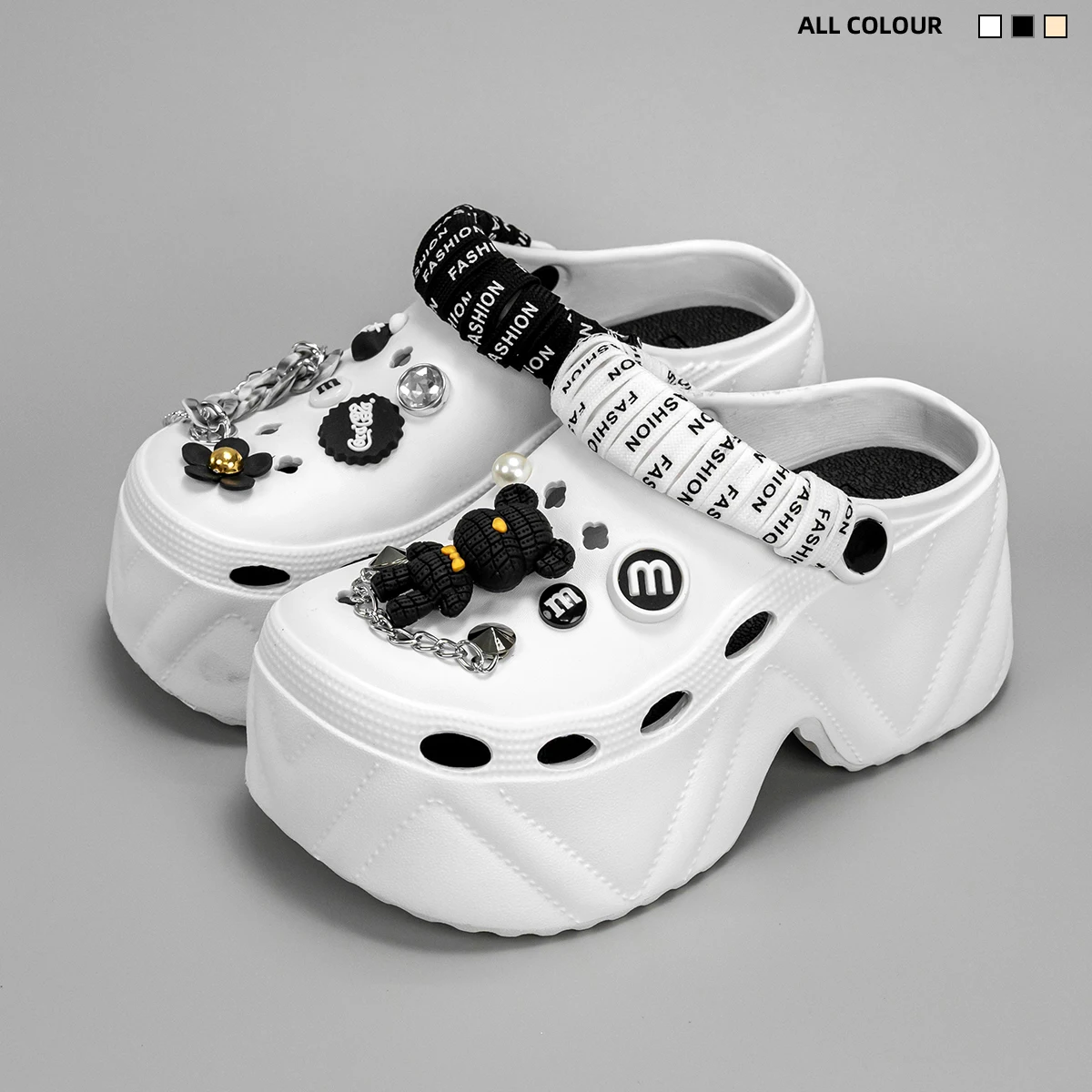 New Fashionable Black and White Strappy Bear High Heeled Imitation Leather Pattern Clogs X8809