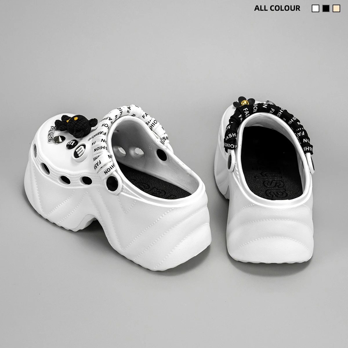 New Fashionable Black and White Strappy Bear High Heeled Imitation Leather Pattern Clogs X8809